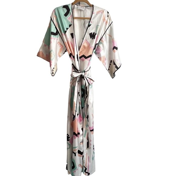 Mary McFadden Collection I Silky Kimono Robe Geometric Abstract Print Satin S - Picture 1 of 15